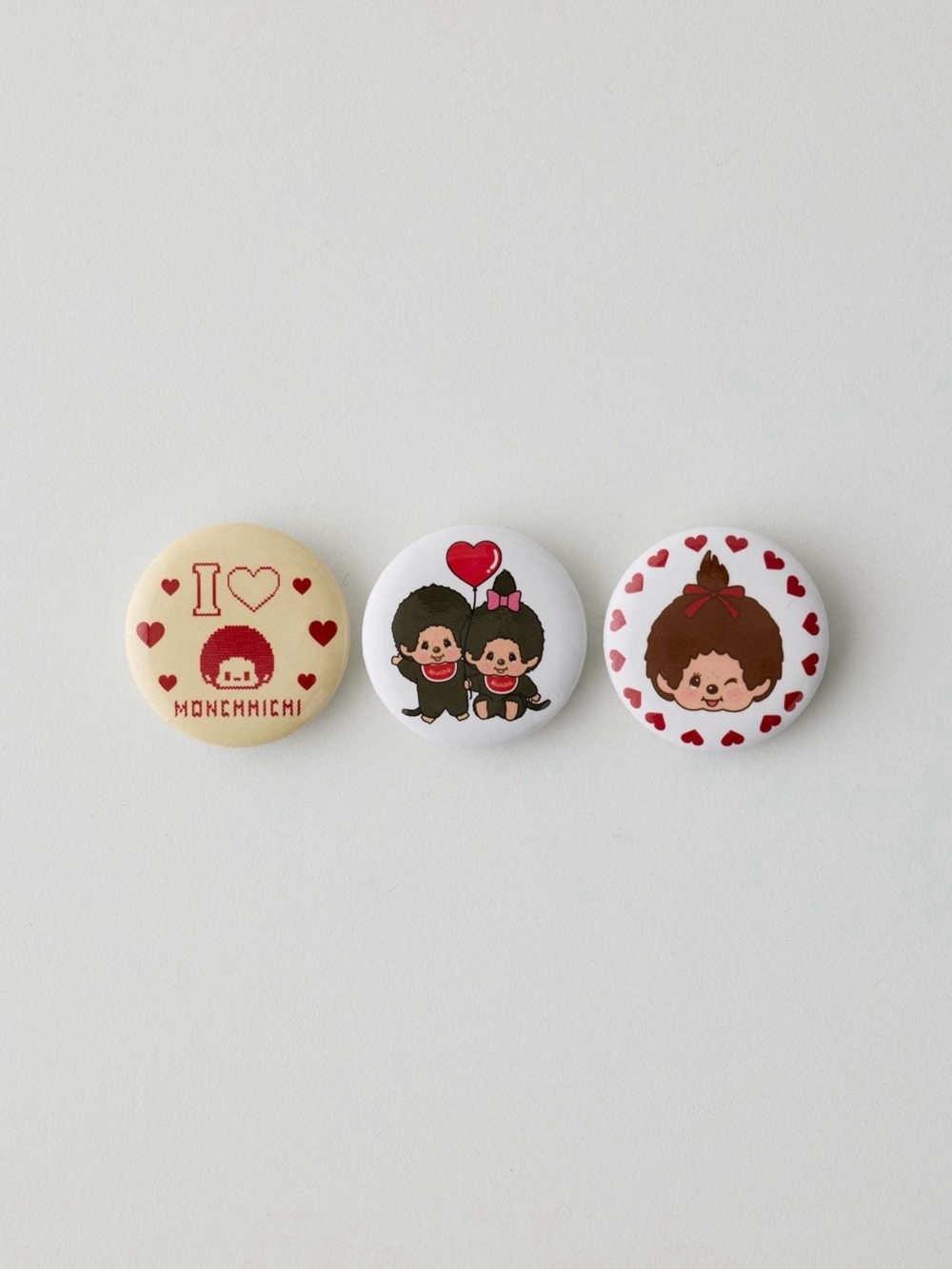 Monchhichi Heart Pin Button Trio - Cream, White, Red